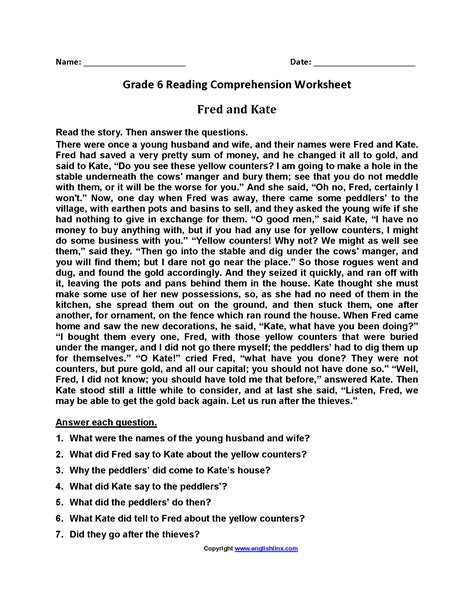 Comprehension Worksheets For Grade 6 English