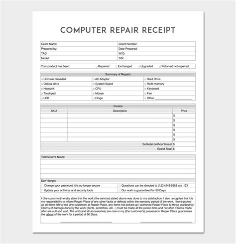 Computer Repair Receipt Template