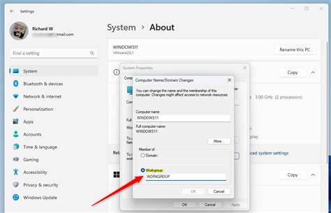 Computer Name, Domain, and Workgroup Settings Window