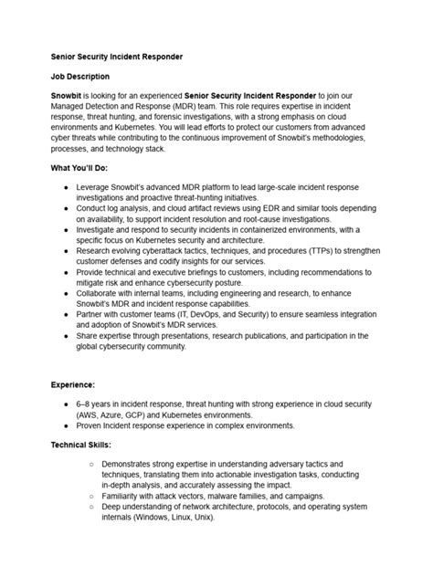 Computer Security Incident Responder Job Description