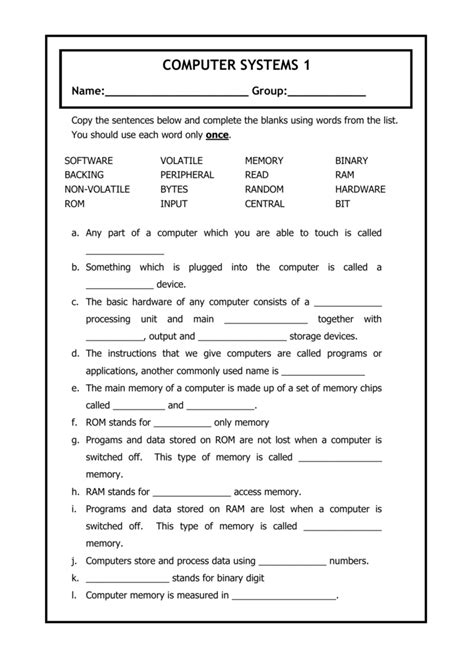 Computer Worksheet With Answers