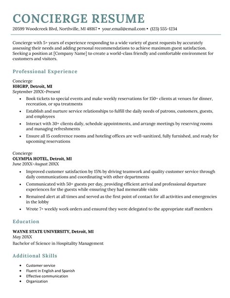 Concierge Sample Resume