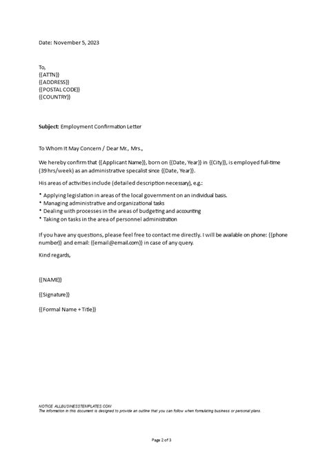 Confirmation Of Employment Letter Template