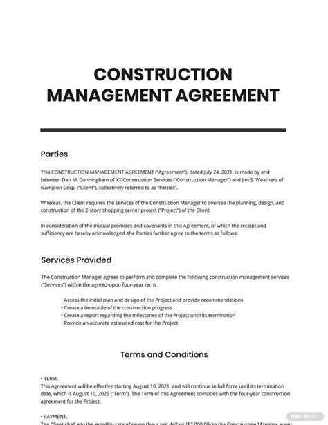 Construction Management Agreement Template Sample Templates Sample