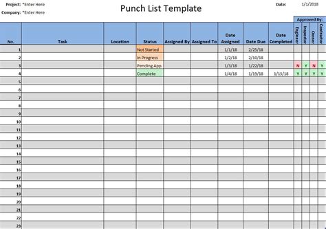Construction Punch List Template Excel