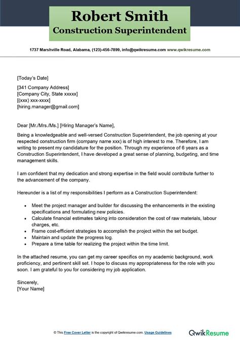 Construction Superintendent Cover Letter
