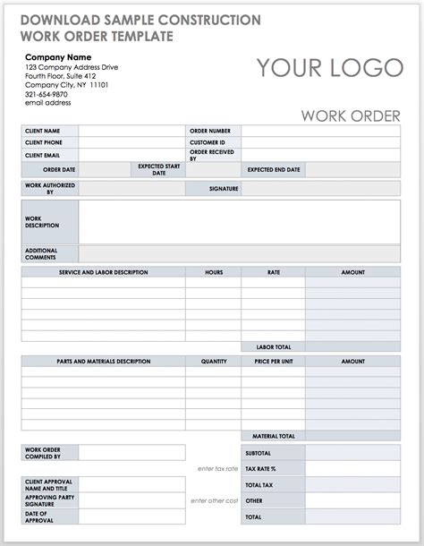 Construction Work Order template (Free & customisable template)