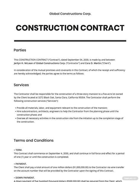 Construction Contract Template Word Free