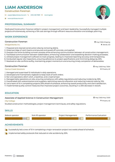 Construction Foreman Resume Example Next Level Construction North Troy,
Vermont