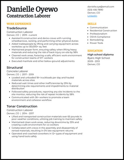 Construction Job Resume Examples