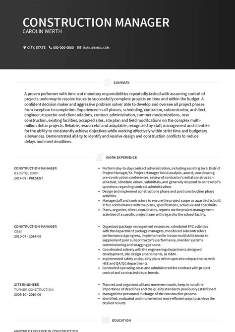 Construction Manager Resume Sample
