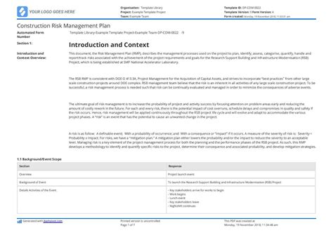 Construction Risk Ement Report Sample Project Plan Example Throughout Risk Mitigation Report