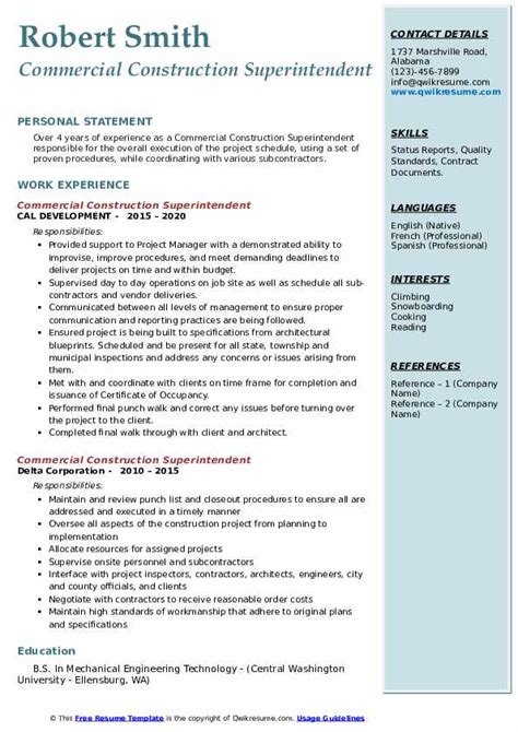 Construction Superintendent Resume Sample