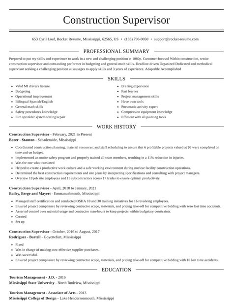 Construction Supervisor Resume Sample