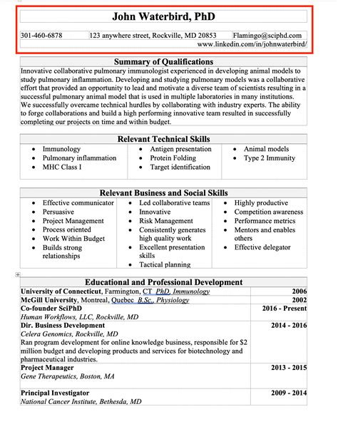 Resume Contact Info SCIPHD