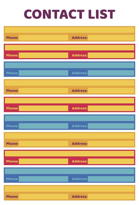 Contact List Printable Name And Phone Number Template