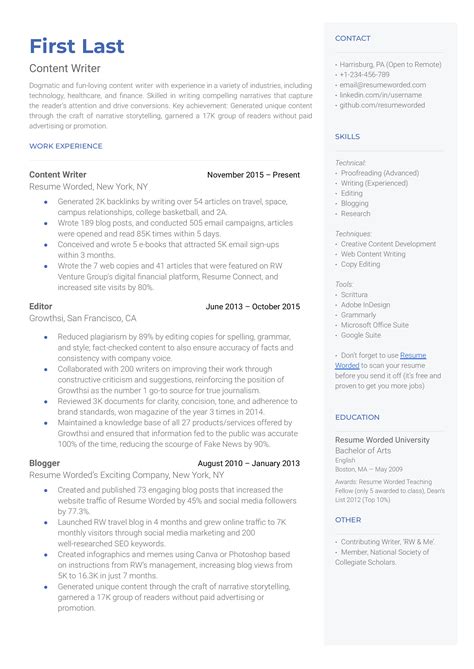 Content Writing Resume Example
