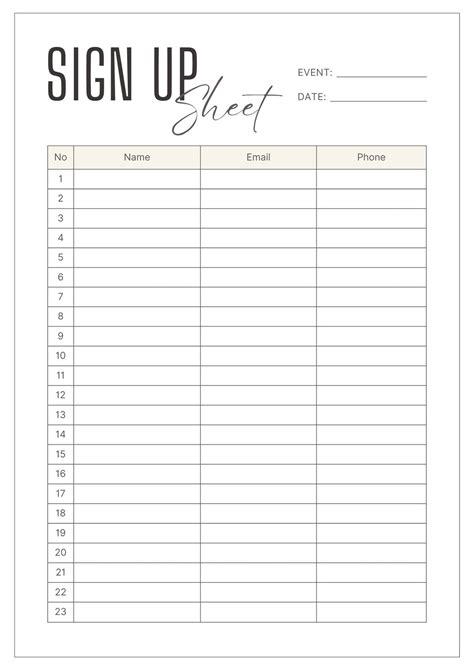 Contest Sign Up Sheet Template