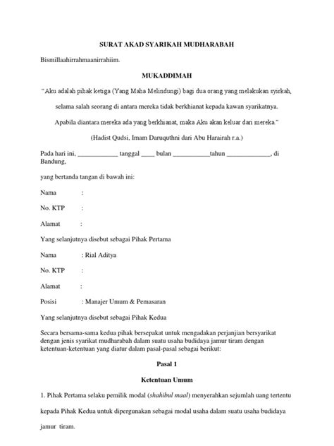 Contoh Akad Mudharabah