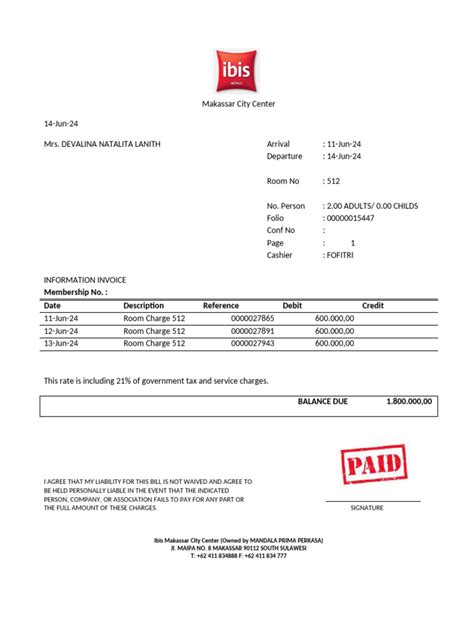 Contoh Bill Hotel Ibis