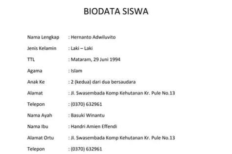 Contoh Biodata Mahasiswa