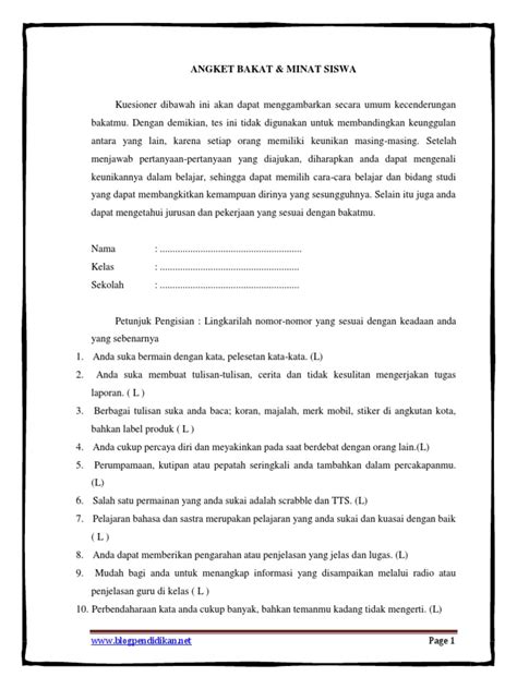 Contoh Format Angket