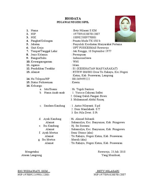 Contoh Format Biodata Pns