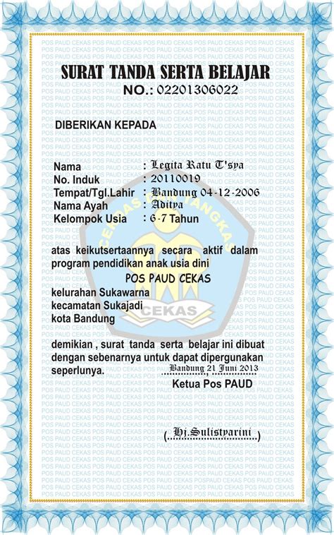 Contoh Ijazah Paud