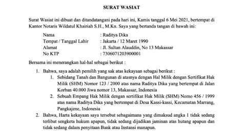 Contoh Nota Wasiat