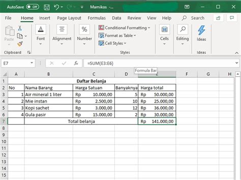 Contoh Penggunaan Excel Sum