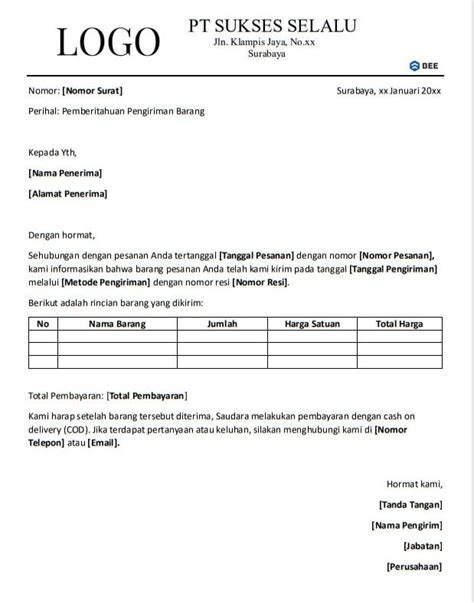 Contoh Pengiriman Barang