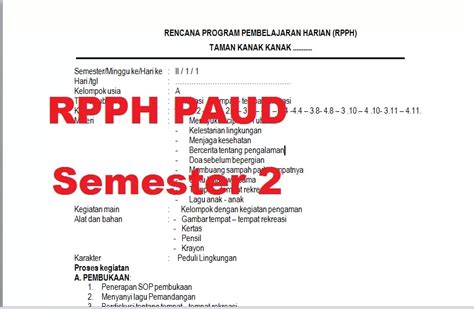 Contoh Rpph Paud Semester 2 Kurikulum