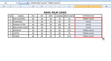 Contoh Soal Excel Lulus Tidak Lulus