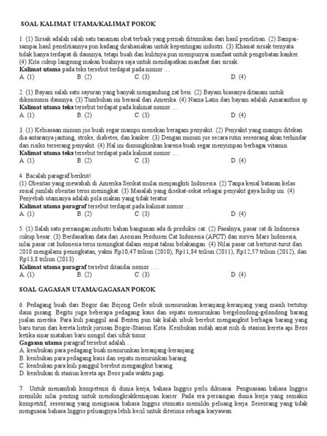 Contoh Soal Kalimat Utama