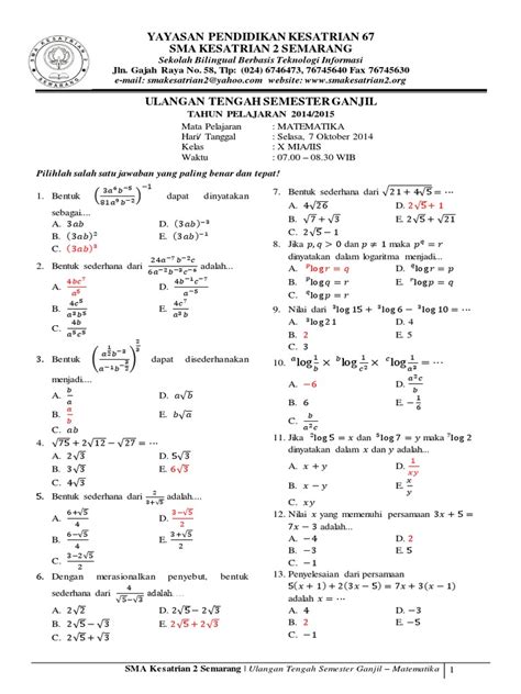 Contoh Soal Matematika Minat Kelas 10 Semester 1 Dan Penyelesaiannya