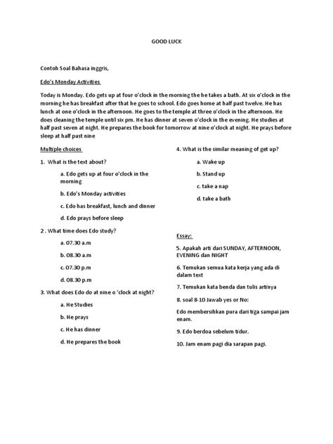 Contoh Soal Multiple Choice Bahasa Inggris
