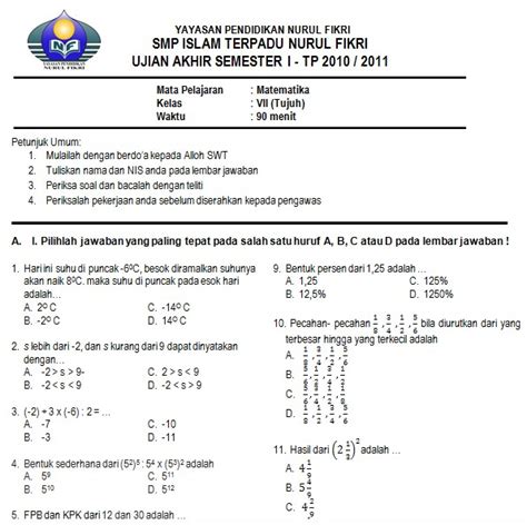 Contoh Soal PAS Kelas 7 Semester 1 Matematika