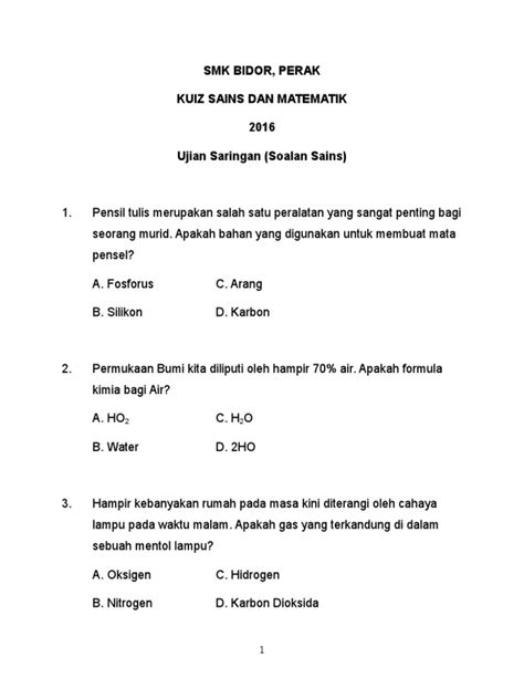 Contoh Soalan Kuiz Sains