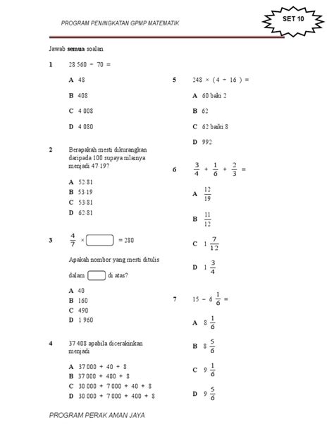Contoh Soalan Matematik Tingkatan 1