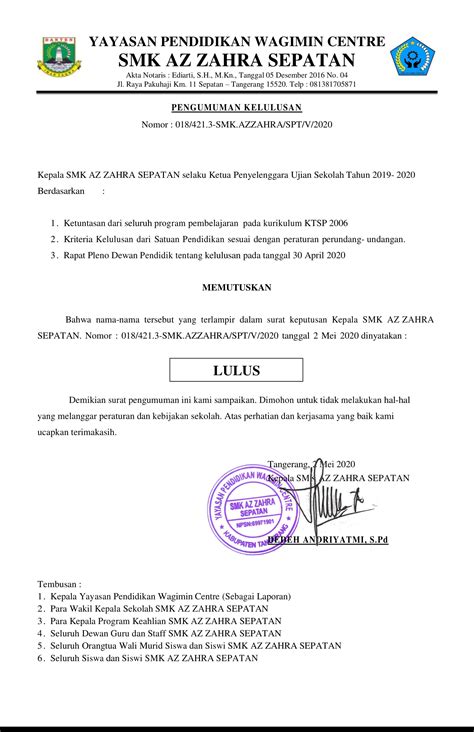 Contoh Surat Kelulusan Smk Doc