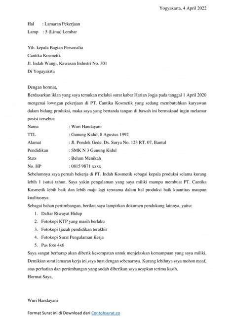 Contoh Surat Lamaran Kerja Simple