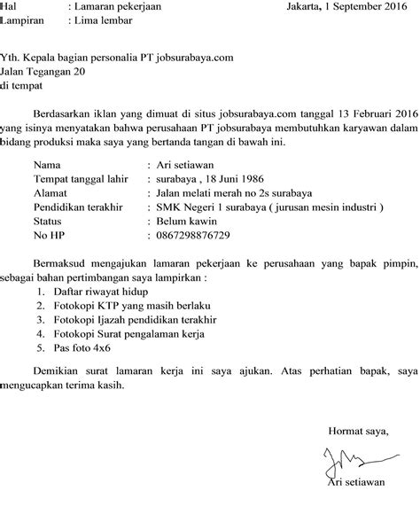 Contoh Surat Lamaran Kerja di PT Batu Bara Indonesia