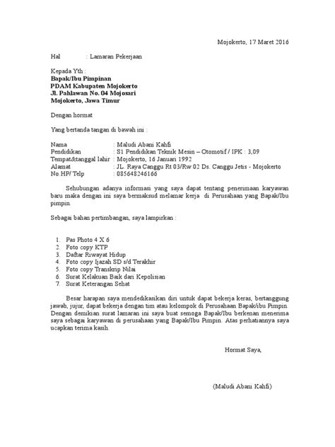 Contoh Surat Lamaran Pdam