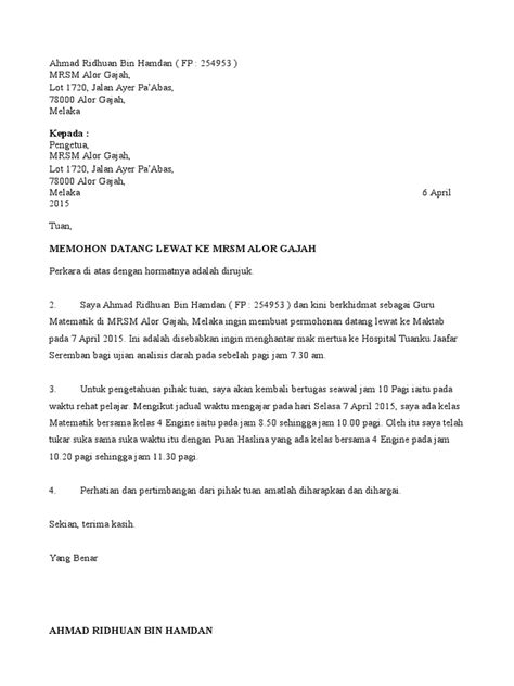 Contoh Surat Lewat Datang Kerja