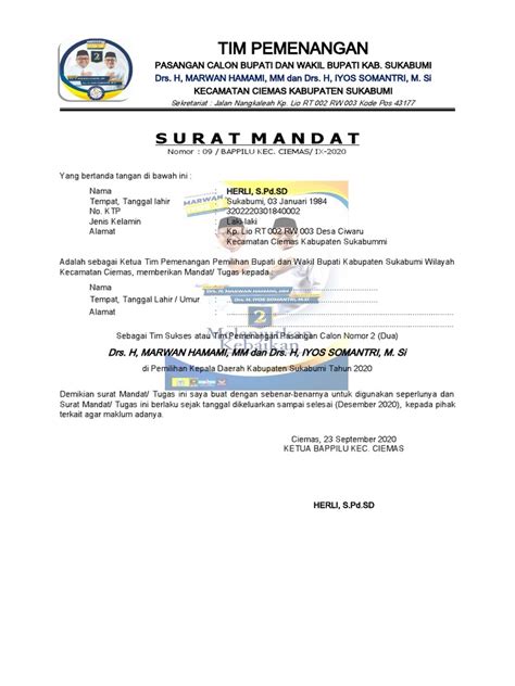 Contoh Surat Mandat Tim Sukses