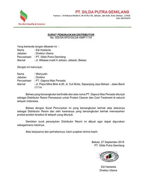 Contoh Surat Penunjukan Distributor