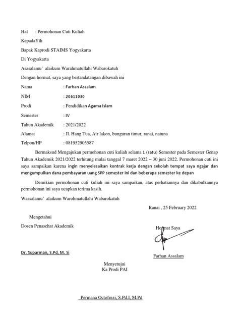 Contoh Surat Permohonan Cuti Semester