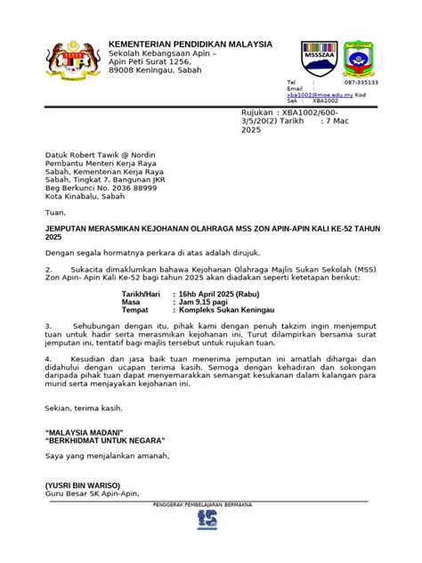 Contoh Surat Rasmi Jemputan Perasmian Program