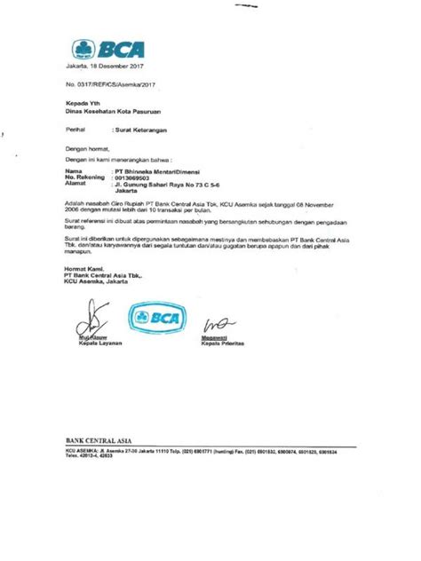 Contoh Surat Referensi Bank Bca
