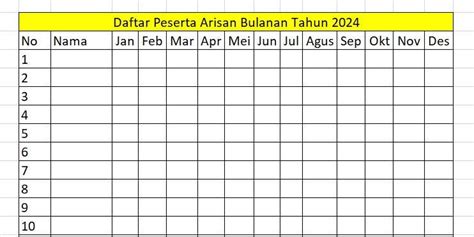 Contoh Tabel Arisan Bulanan